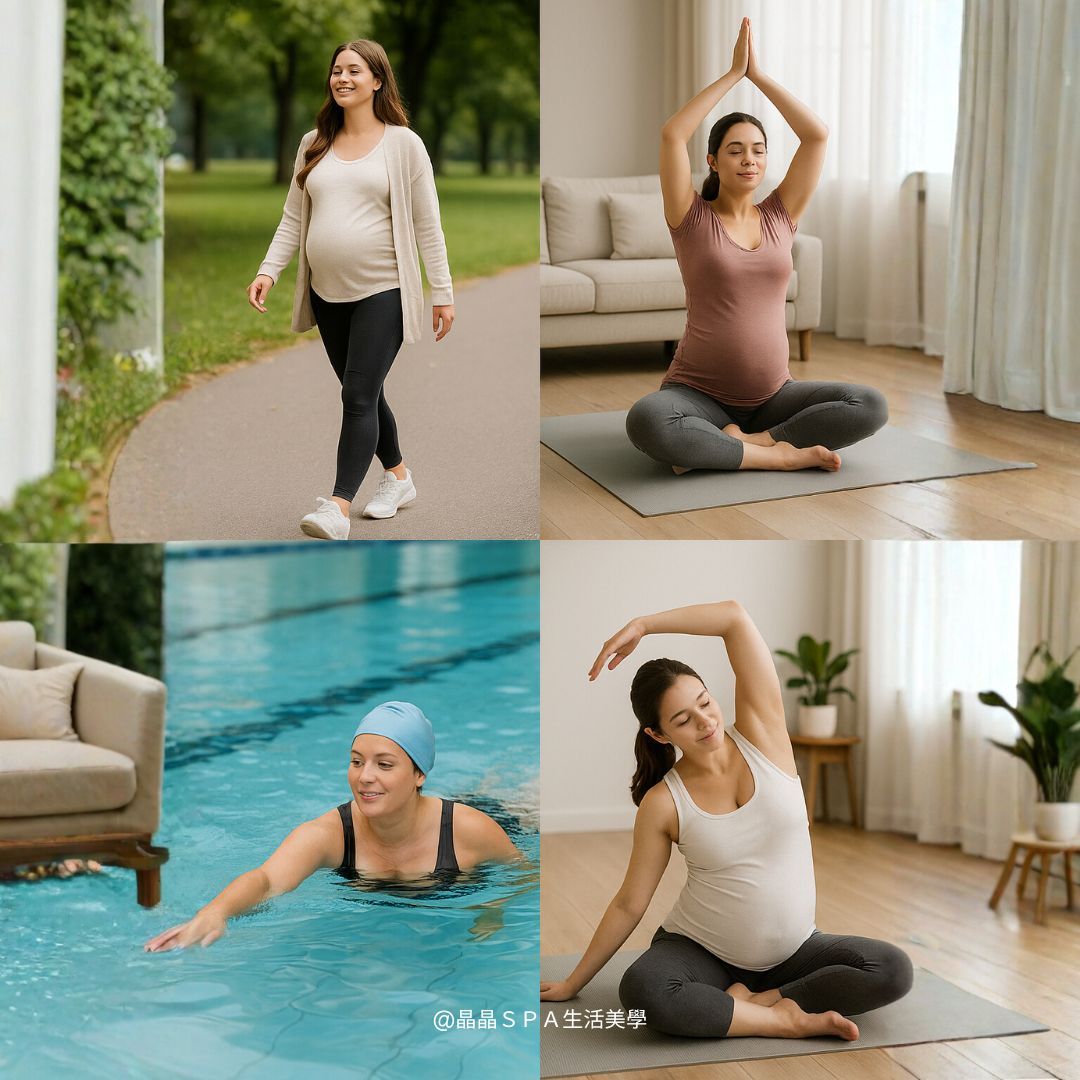 孕婦運動四合一示意圖、孕婦散步瑜伽游泳伸展、孕期安全運動建議